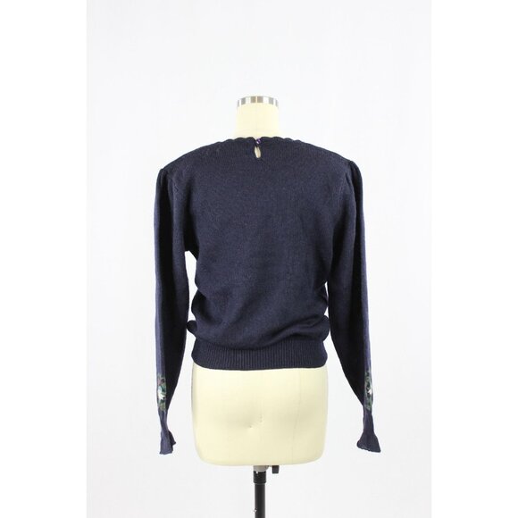 Vintage 90's HERMAN GEIST Navy Blue Knit Hand Embroidered Floral Sweater, Size S - Picture 3 of 12